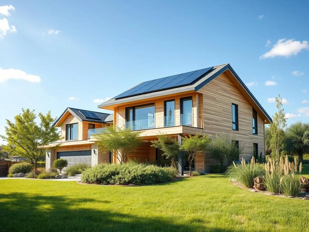 Sustainable modern home with solar panels.