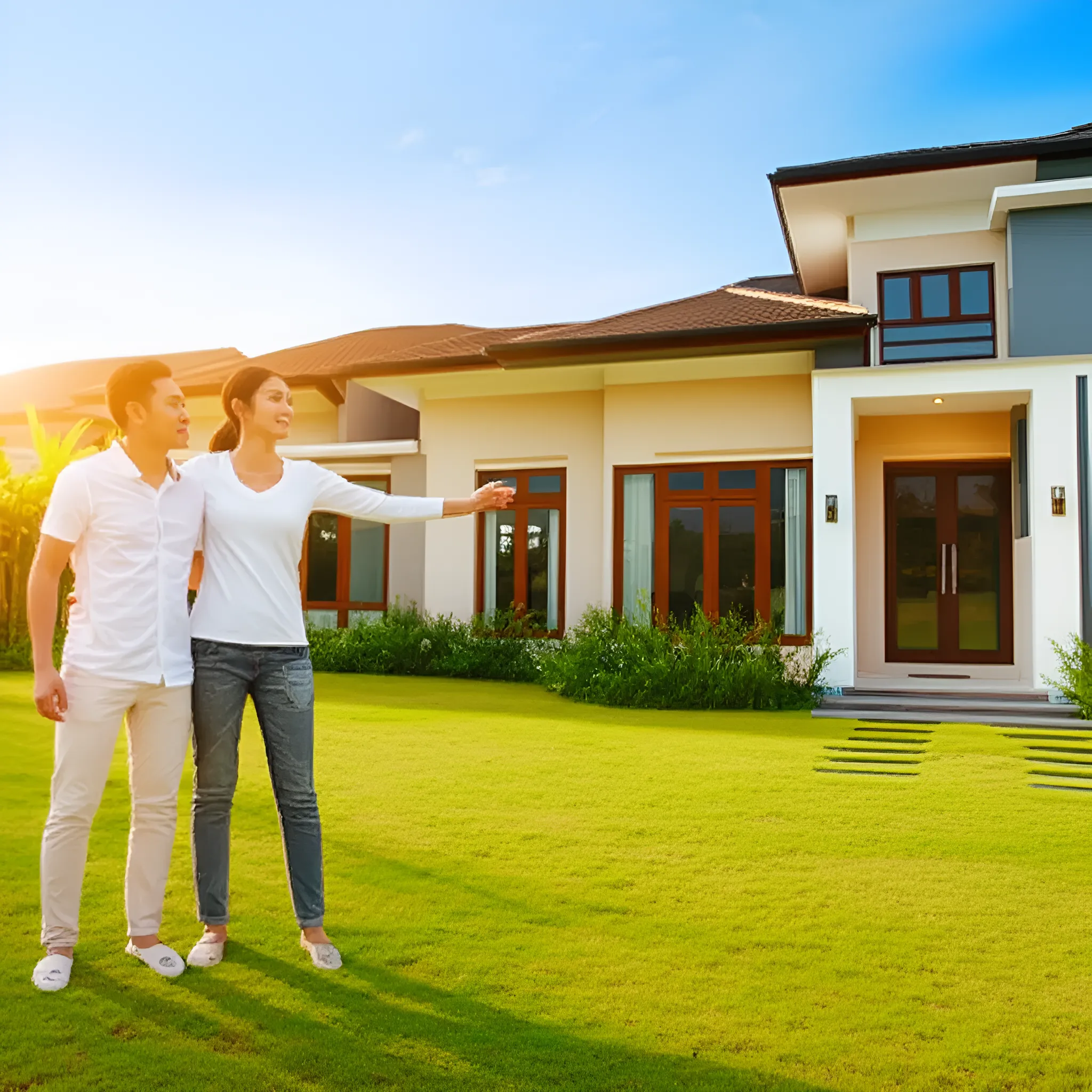 A couple smiling with keys to their new home